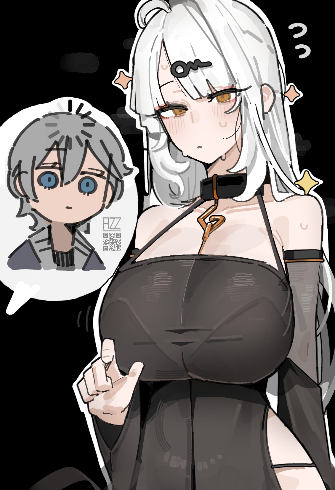 1boy, 1girls, azz0422, breasts, cleavage, female, large breasts, light skin, light-skinned female, male, wide hips, wise (zenless zone zero), yixuan (zenless zone zero), zenless zone zero