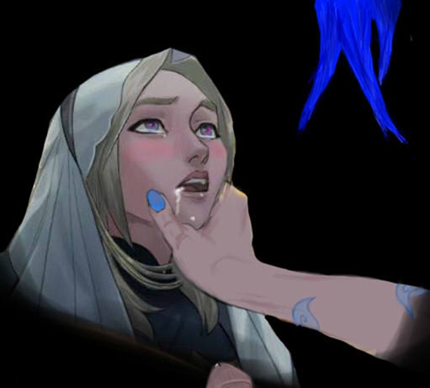 blonde hair, blue eyes, blue hair, crying, cum in mouth, fellatio, jinx (league of legends), league of legends, lesbian, luxanna crownguard, oral sex, pale skin, riot games, yuri