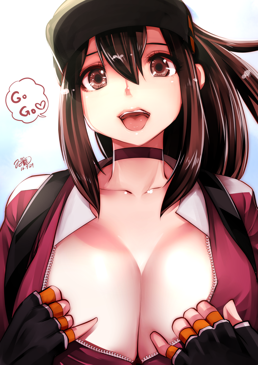 artist_name baseball_cap breasts brown_eyes brown_hair choker cleavage collarbone dated female female_protagonist_(pokemon_go) fingerless_gloves gloves hat large_breasts lips long_hair looking_at_viewer open_clothes open_mouth open_shirt pokemon pokemon_go ponytail shirt simple_background solo souryu speech_bubble teeth tied_hair unzipped upper_body