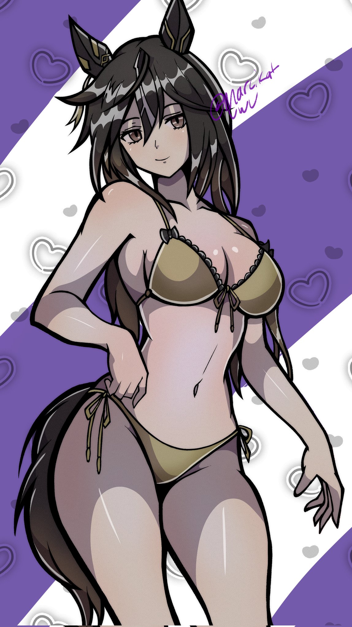 belly, bikini, brown eyes, brown hair, curvy female, horse ears, horse girl, long hair, marcikatuwu, medium breasts, midriff, pose, stay gold (umamusume), thick thighs, tiny waist, umamusume, umamusume pretty derby, wide hips