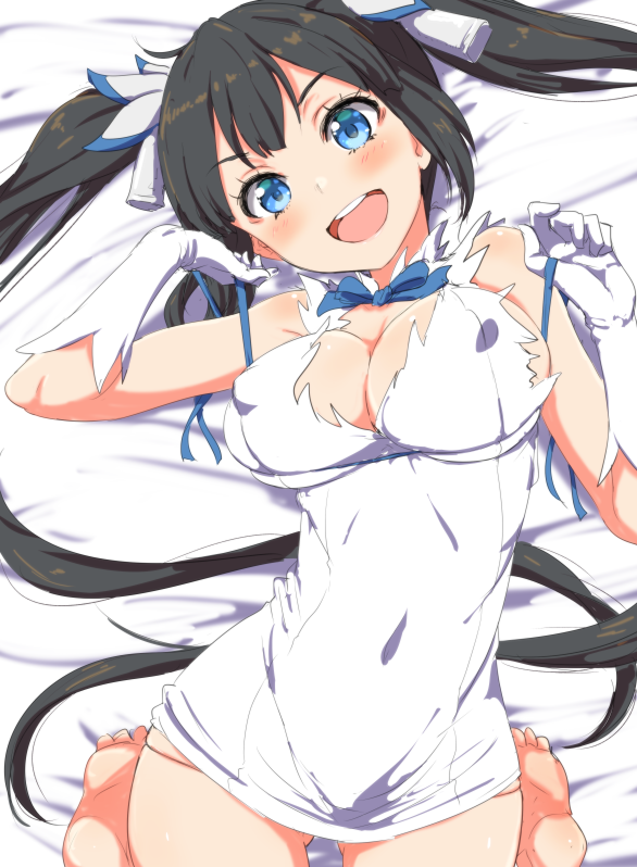 :d bangs bare_shoulders barefoot bed_sheet black_hair blue_eyes blush bow bowtie breasts clearite cleavage cleavage_cutout covered_navel cowboy_shot dress dungeon_ni_deai_wo_motomeru_no_wa_machigatteiru_darou_ka erect_nipples feet female from_above gloves hair_ornament hair_ribbon happy head_tilt hestia_(danmachi) large_breasts long_hair looking_at_viewer lying on_back on_bed open_mouth rei_no_himo ribbon short_dress sideboob smile soles solo strap_pull tied_hair toes twintails very_long_hair white_dress white_gloves