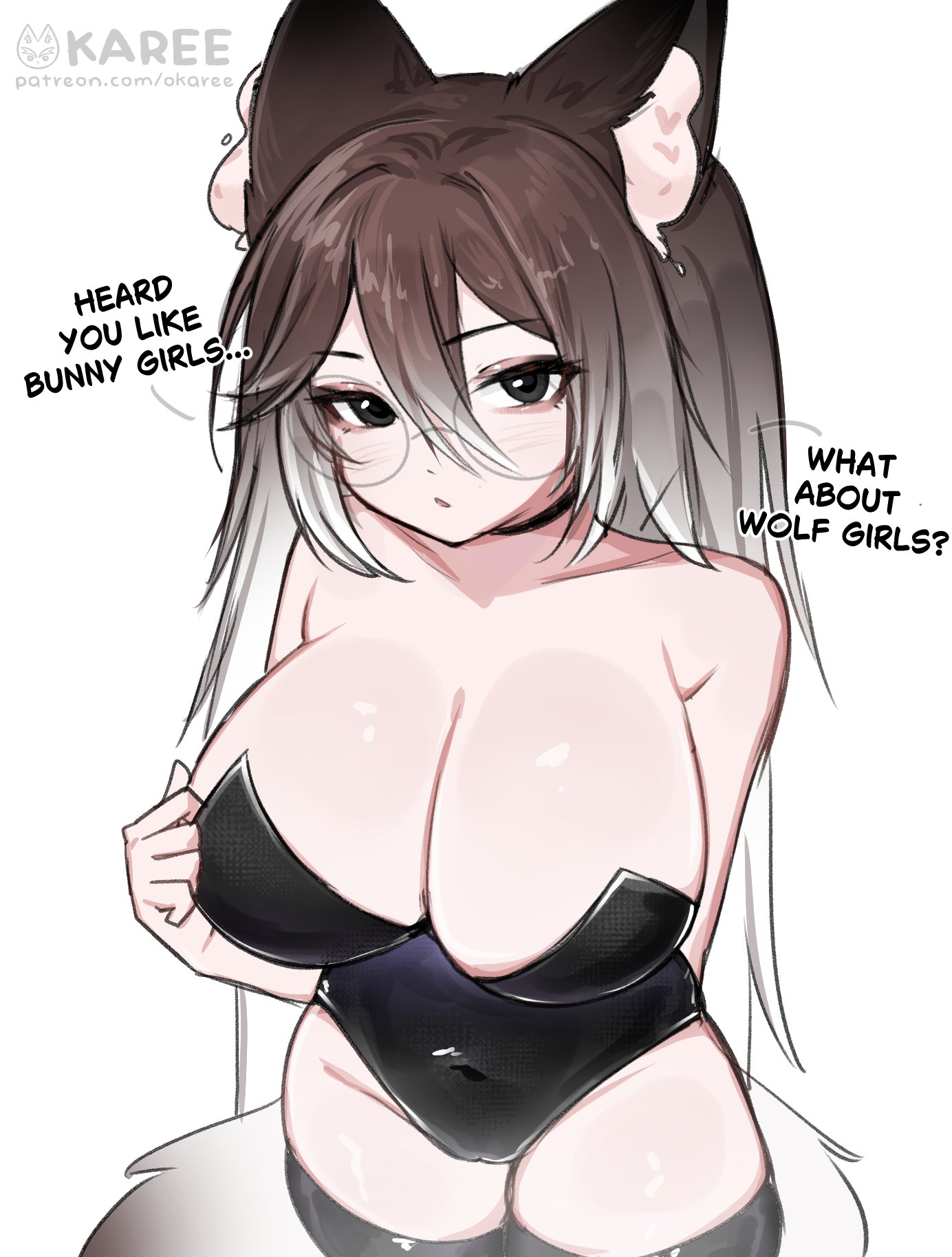1girls, bare shoulders, black hair, black stockings, breasts, brown hair, cleavage, female, female focus, female only, glasses, grey hair, large breasts, leotard, light skin, light-skinned female, looking at viewer, multicolored hair, oka (okaree), okaree, original, original character, solo, thick thighs, thighhighs, thighs, white hair, wide hips, wolf, wolf ears, wolf girl, wolf tail