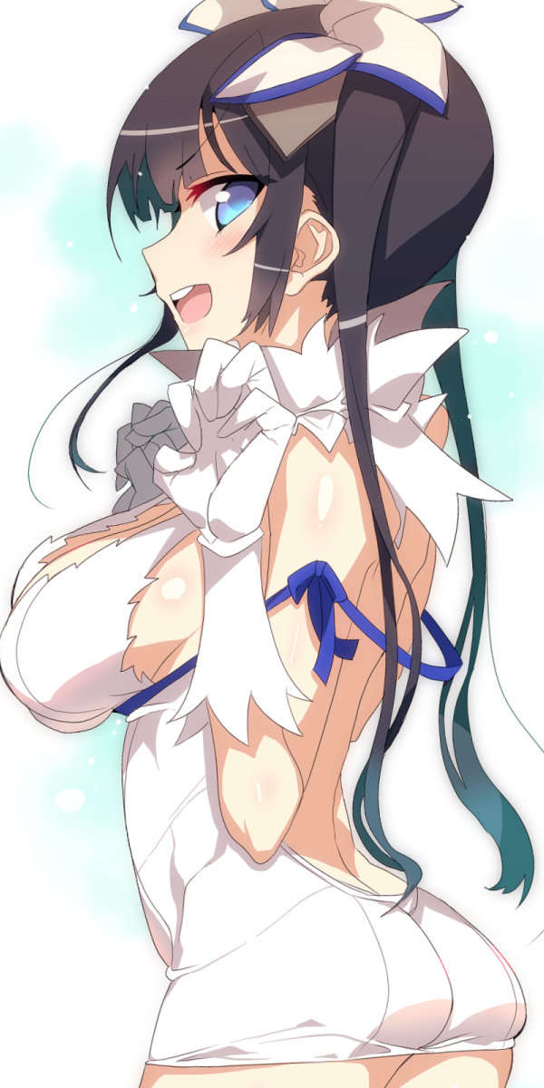 arm_ribbon ass bare_back black_hair blue_eyes bow breasts cleavage cleavage_cutout dress dungeon_ni_deai_wo_motomeru_no_wa_machigatteiru_darou_ka female gloves hair_ornament hair_ribbon hands_up hestia_(danmachi) large_breasts long_hair looking_at_viewer looking_back open_mouth osuman_toruko rei_no_himo ribbon short_dress sleeveless sleeveless_dress smile solo tied_hair twintails white_dress white_gloves