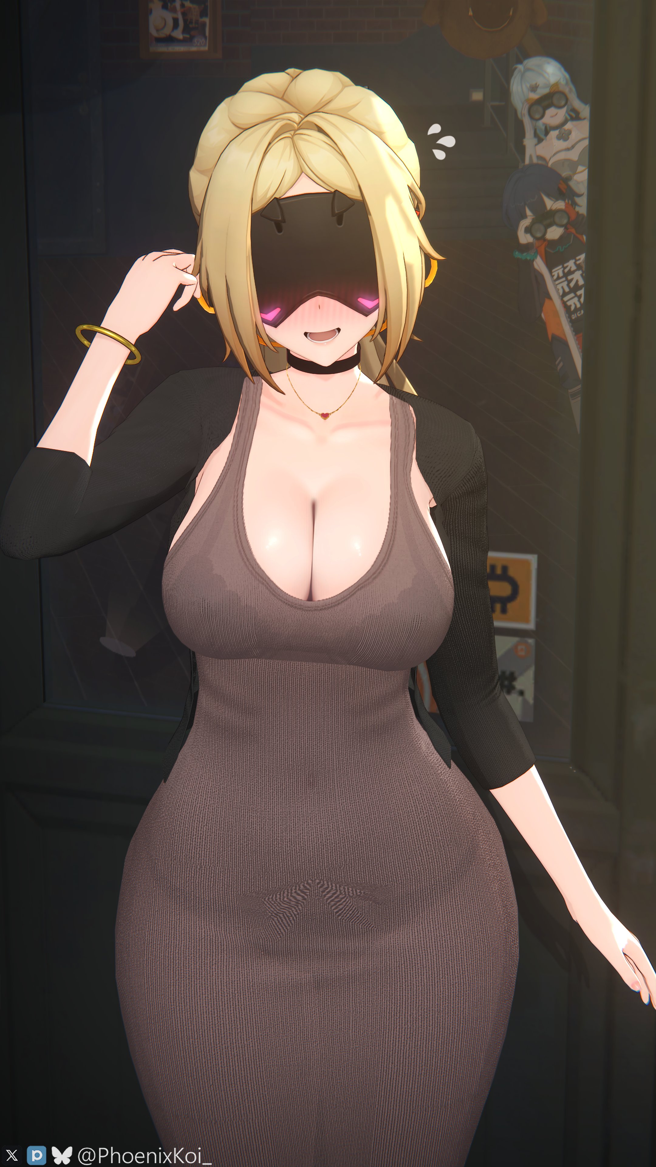 3d, 3girls, belle (zenless zone zero), breasts, dress, female, female focus, female only, large breasts, light skin, light-skinned female, looking at viewer, phoenixkoi, pov, seed (zenless zone zero), thick thighs, thighs, trigger (zenless zone zero), wide hips, zenless zone zero