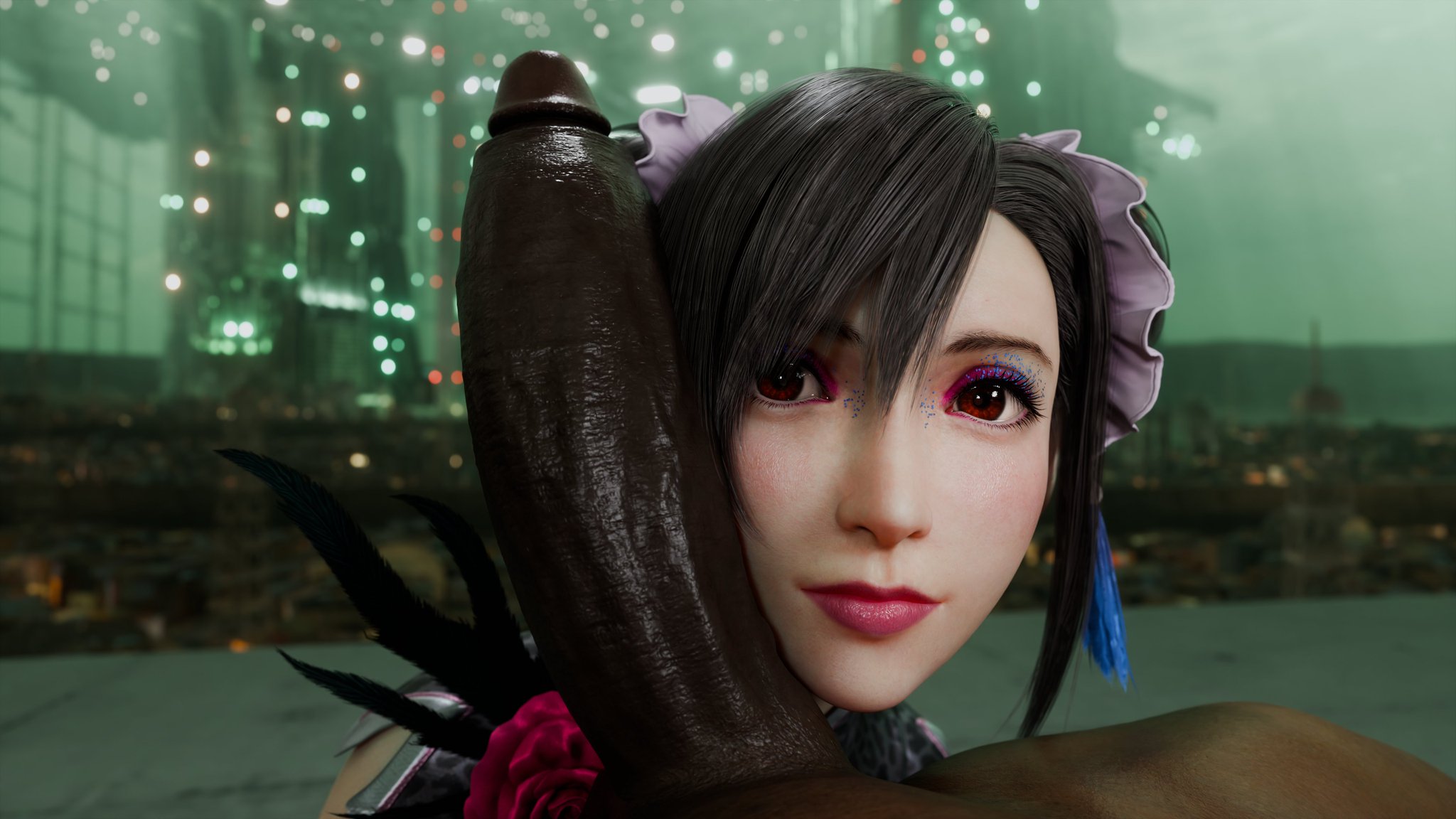 1boy, 1girls, 3d, asian female, black hair, clothed female, cock worship, dark-skinned male, derpderp, final fantasy, final fantasy vii, final fantasy vii remake, imminent fellatio, imminent oral, interracial, large penis, light-skinned female, nude male, nude male clothed female, penis bigger than head, penis on cheek, red eyes, straight sex, submissive female, tifa lockhart, veiny penis