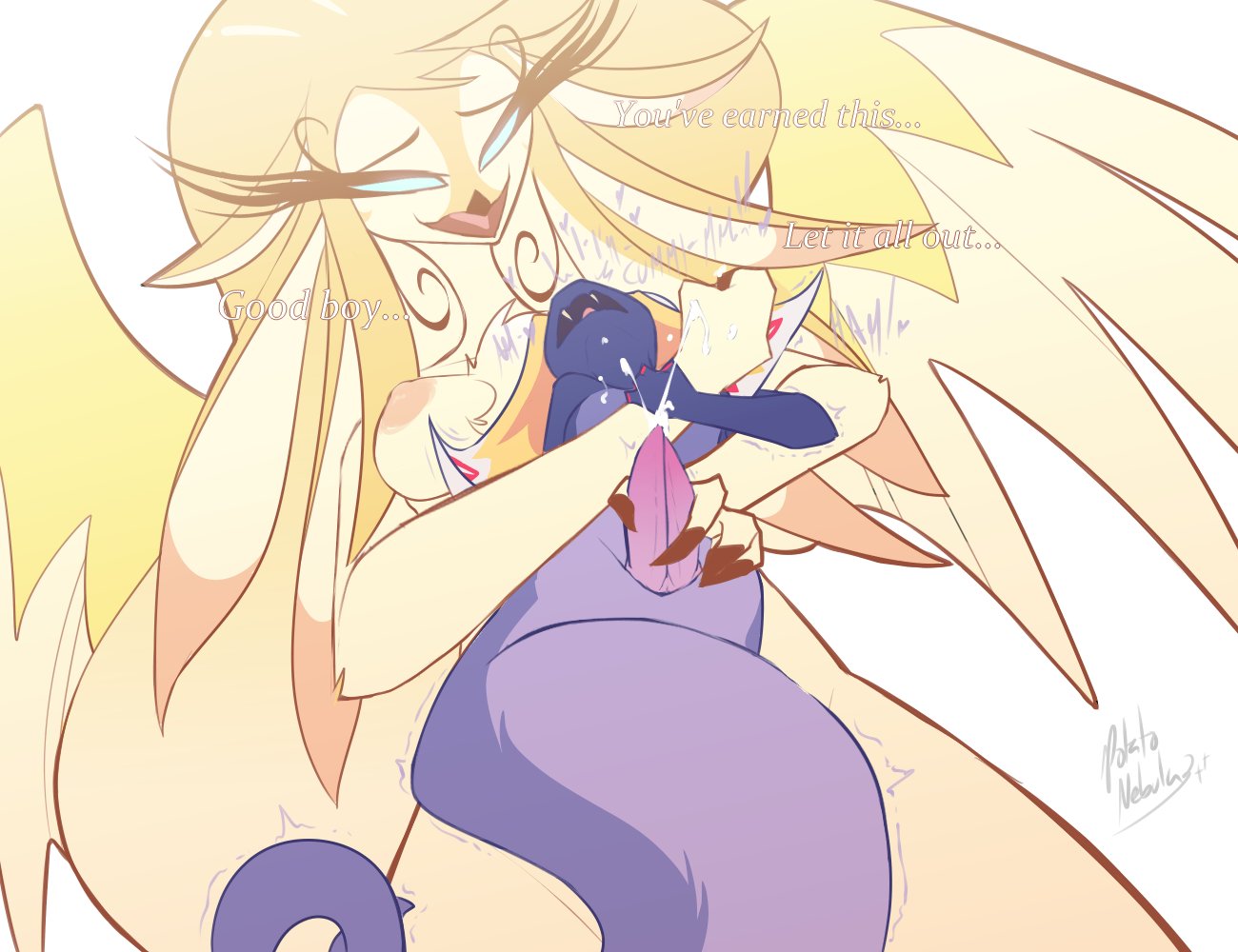 2 penises, 2026, 4 fingers, angel, animal genitalia, animal penis, announcing orgasm, anthro, anthro on anthro, apode, areola, avian, back wings, beak, big breasts, bird, black beak, black eyebrows, blue body, blue eyes, blue scales, blue text, bodily fluids, breasts, color coded text, cum, cumshot, draconcopode, duo, ejaculation, empty eyes, english text, erection, eyebrows, eyelashes, fangs, feather hair, feathered wings, feathers, female, female anthro, fingers, genital fluids, genitals, gentle femdom, handjob, hazbin hotel, hellaverse, hemipenes, larger female, legless, long eyelashes, male, male anthro, moan, multi genitalia, multi penis, multicolored body, multicolored scales, naga, nipples, nude, nude anthro, nude female, open mouth, orange areola, orange nipples, penile, penis, pink penis, pink tongue, pinned, potatonebula, praise, pseudo hair, purple body, purple scales, purple tail, reptile, scales, scalie, serpentine, sex, signature, sir pentious (hazbin hotel), size difference, smaller male, snake, speaker of god (hazbin hotel), spread wings, stuttering, tail, talking to another, talking to partner, teeth, text, thick eyelashes, tongue, two tone body, two tone scales, white text, wings, wrist grab, yellow body, yellow feathers, yellow wings