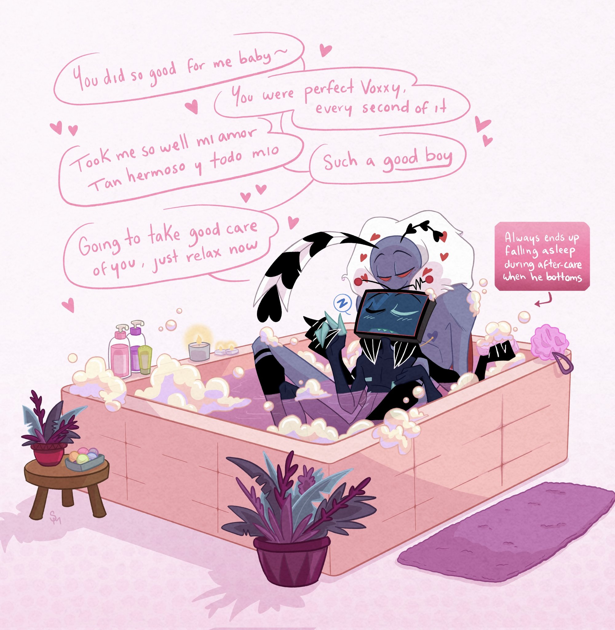 2boys, after sex, aftercare, bathtub, comic page, cute, english, english text, four arms, gay, good boy, hazbin hotel, hellaverse, holding hands, male, male only, multiple arms, nude, nude male, praise, schaychaym, size difference, sleeping, tv head, valentino (hazbin hotel), vox (hazbin hotel), water, wholesome, yaoi