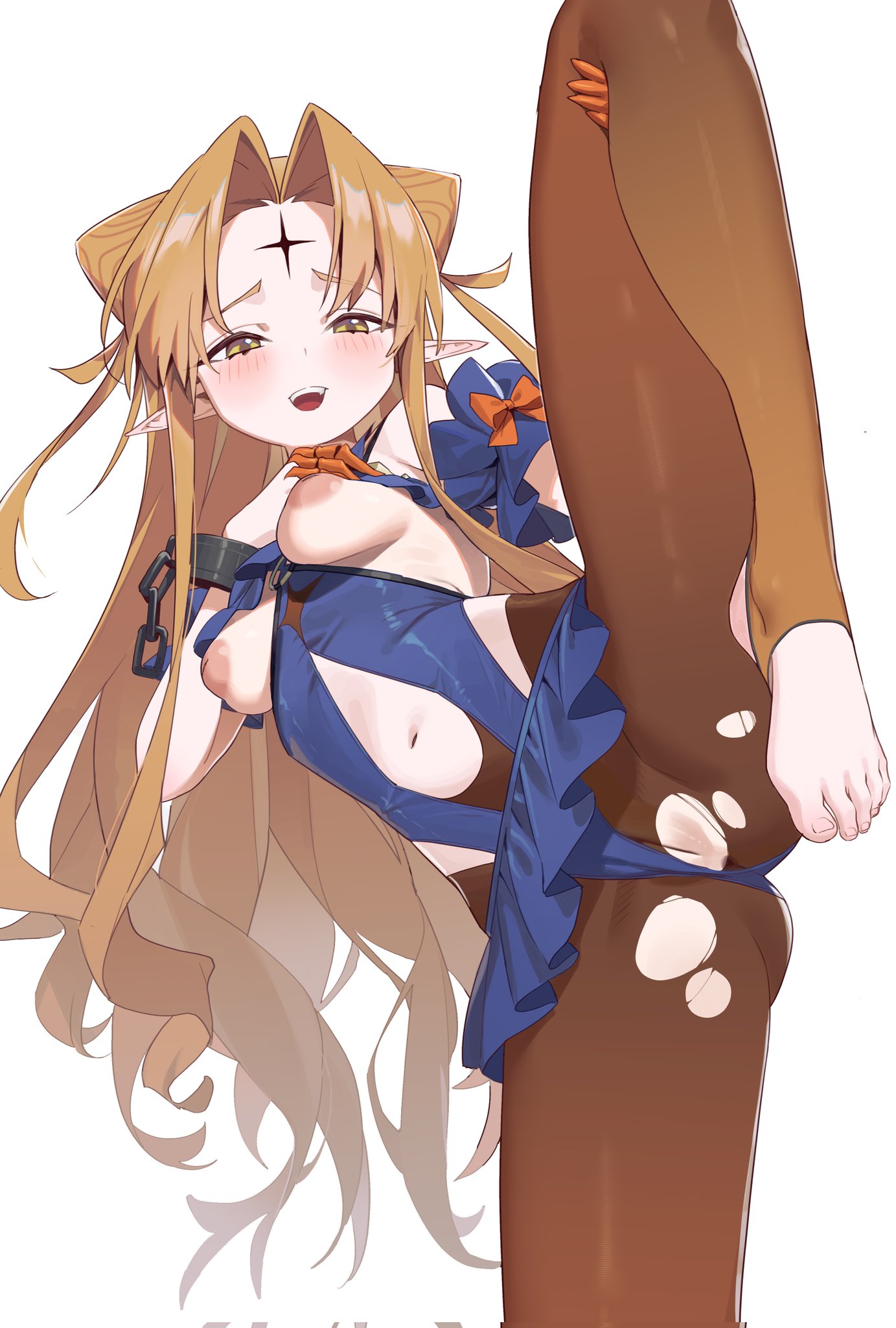 airseal, blonde hair, blush, female, female only, functionally nude, genderswap, humanized, inverted nipples, leg up, nipples, pointy ears, rule 63, slay the spire, slay the spire 2, the regent (slay the spire), torn clothes, white background