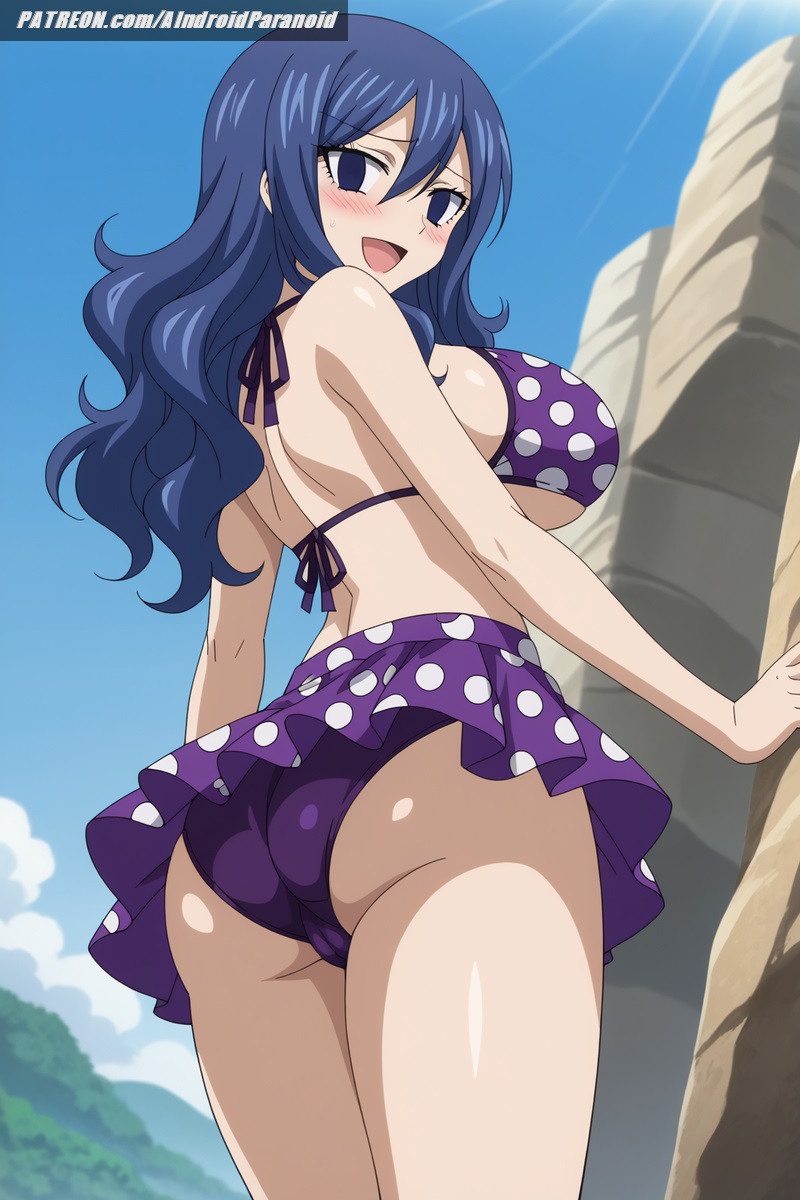 1girls, ai generated, aindroidparanoid, ass, ass focus, big ass, big breasts, bikini, blue eyes, blue hair, blue-haired female, blush, blushing, breasts, busty, butt focus, cameltoe, cleavage, curvy, fairy tail, fat ass, female, female only, frills, from behind, hips, huge ass, huge breasts, huge butt, juvia lockser, large breasts, legs, long hair, looking at viewer, looking back, looking down, massive breasts, polka dot, pussy, skirt, stable diffusion, thick ass, thick thighs, voluptuous, wavy hair