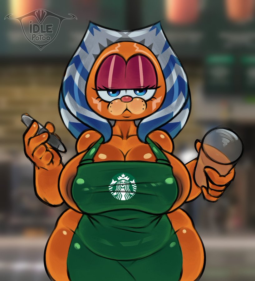 1girls ahsoka_tano anthro areola_slip barista big_breasts employee employee_uniform fat fat_woman female female_only garfield_(series) garfield_the_cat idlepotoo mad_(series) naked_apron solo star_wars starbucks sudoku_(mad) tagme