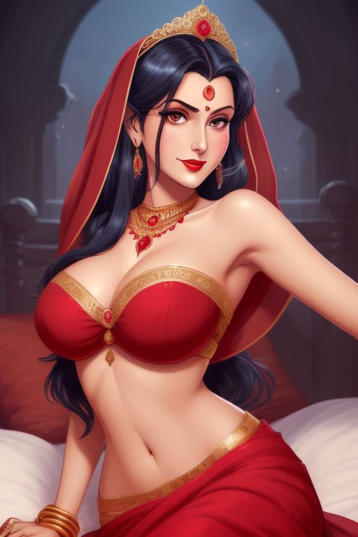 ai_generated armpits bangle bare_shoulders big_breasts bindi black_hair cleavage crown earrings hourglass_figure indian indian_clothes indian_female light-skinned_female light_skin looking_at_viewer navel necklace queen red_clothing red_lipstick saree sari slender_waist slim_waist tiara veil