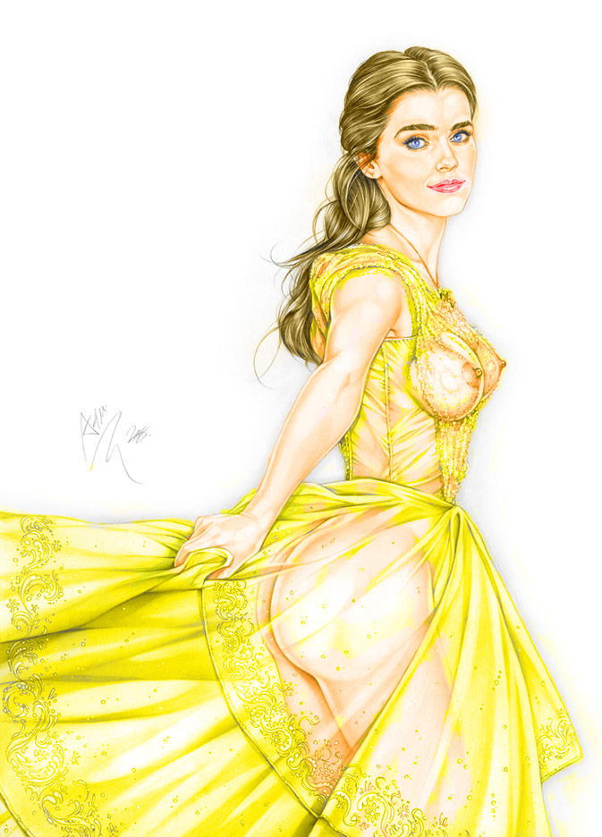 1girls, actress, armando huerta, ass, beauty and the beast (1991 film), belle (beauty and the beast), blue eyes, breasts, brown hair, celebrity, colored, covered breasts, covered nipples, disney, disney princess, dress, emma watson, erect nipples, eyebrows, eyelashes, female, female only, hips, large breasts, legs, lips, long dress, long hair, looking at viewer, nipples, see-through, see-through clothing, see-through dress, sideboob, solo, tagme, thighs, translucent, translucent clothing, translucent dress, yellow dress