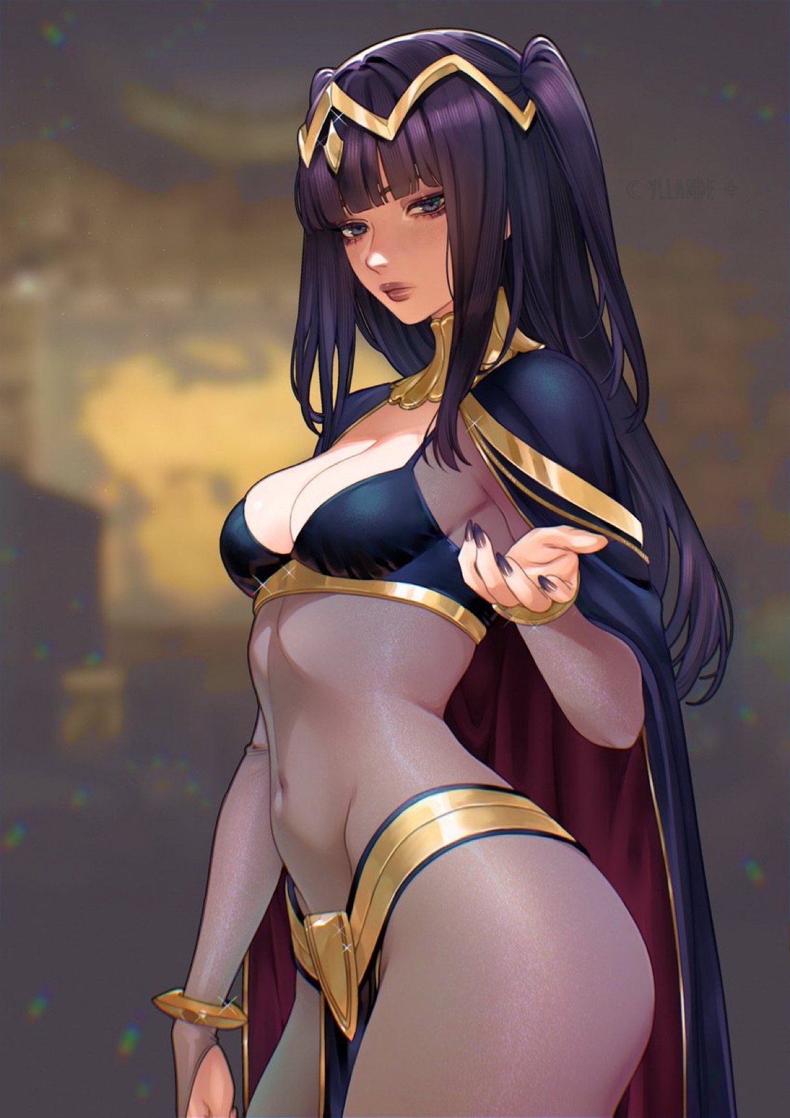 1girls, bangs, black hair, blunt bangs, bodystocking, breasts, cape, cleavage, female, fire emblem, fire emblem awakening, looking at viewer, midriff, nintendo, solo, stomach, tagme, tharja (fire emblem), two side up, yiiande