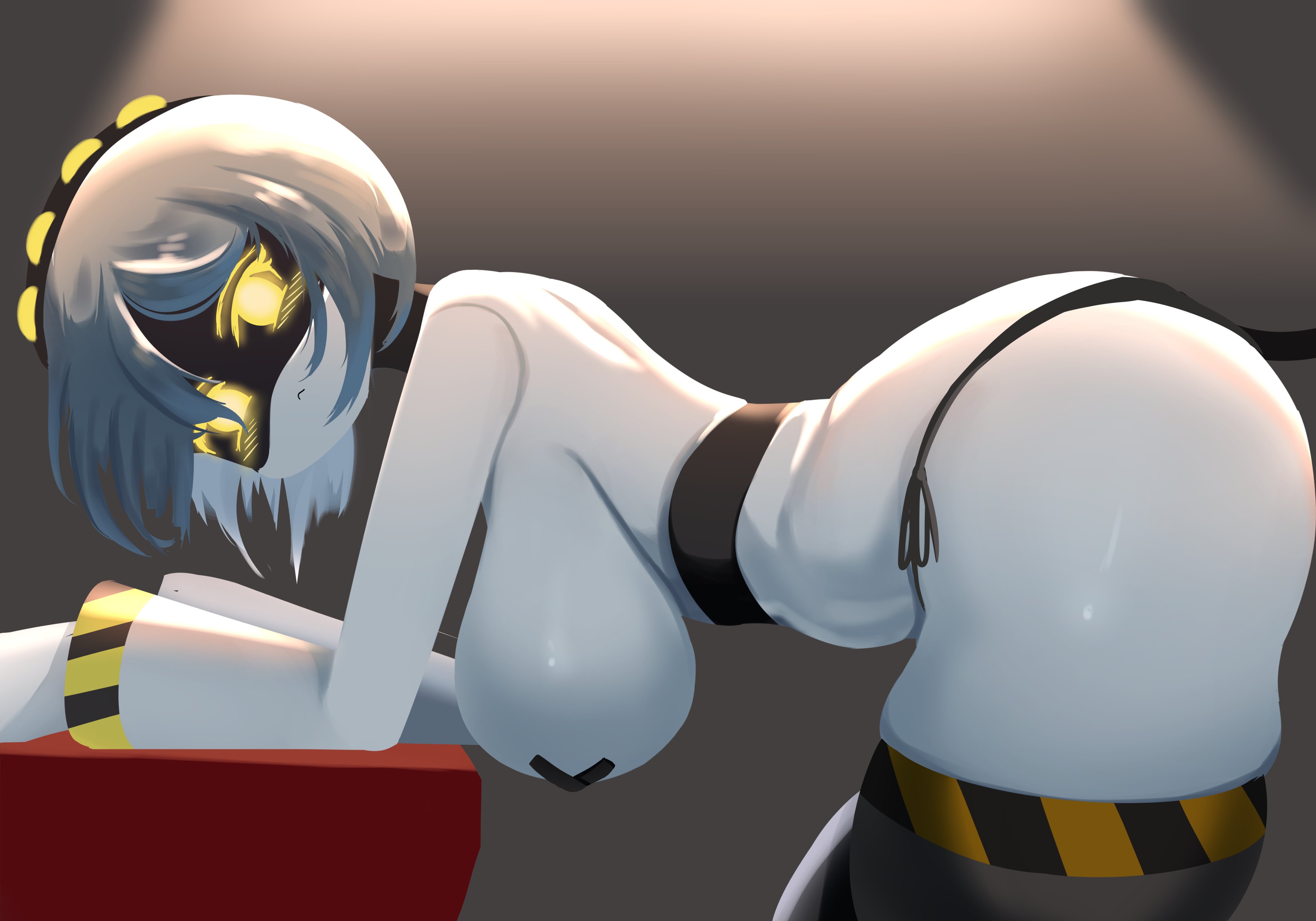 1girls, alaki zezo, ass, big ass, big breasts, big thighs, blush, breasts, cat ears, child bearing hips, covered nipples, drone, female, female only, gigantic ass, gigantic thighs, glitch productions, huge ass, huge thighs, kemonomimi, murder drones, panties, robot, robot girl, short hair, silver hair, solo, sonic (series), tagme, tape, taped nipples, thick hips, thick thighs, thighs, thong, v (murder drones), white body, yellow eyes