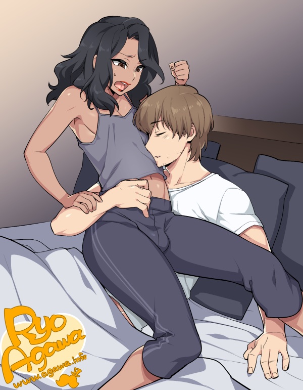 2boys, arched back, artist name, bed, black hair, brown eyes, brown hair, bulge, closed eyes, dark skin, dark-skinned femboy, dark-skinned male, embarrassed, facial hair, femboy, gay, girly, hip grab, indoors, lipstick, makeup, male, male only, multiple boys, multiple males, navel, open mouth, otoko no ko, pants, ryo agawa, stubble, tank top, yaoi
