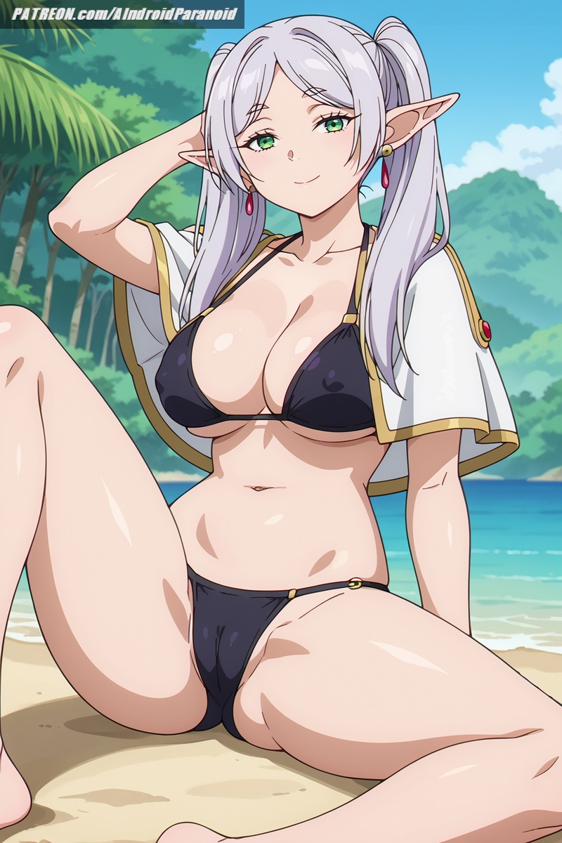 ai generated, aindroidparanoid, beach, big breasts, bikini, breasts, busty, cameltoe, capelet, cleavage, covered nipples, curvy, elf, elf ears, elf female, female, female only, frieren, frieren beyond journey's end, green eyes, huge breasts, large breasts, leg up, legs, narrow waist, nipples, outdoors, pussy, sitting, slim waist, sousou no frieren, spread legs, stable diffusion, twintails, voluptuous, waist, white hair