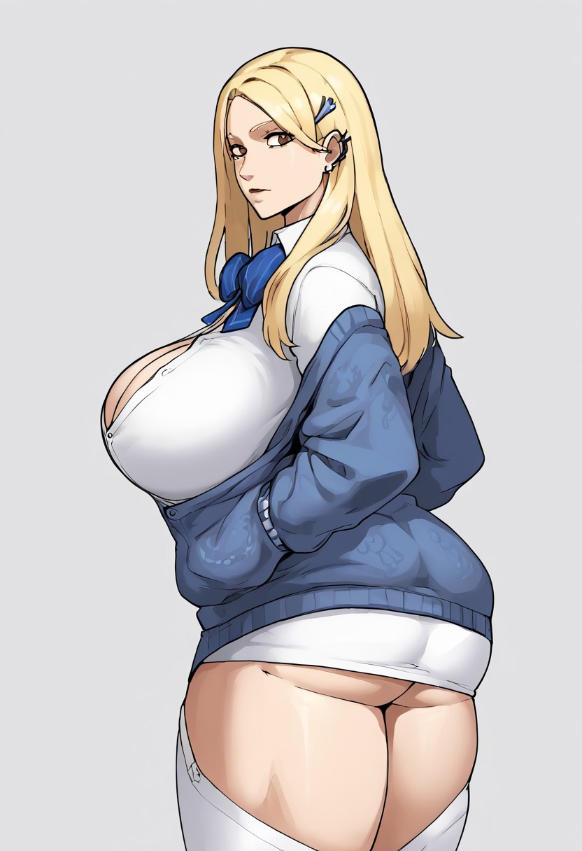 ai_generated ass_peek bunanza_ busty cardiganng cleavage female_only huge_breasts long_sleeves nikke plump_ass shirt skirt solo tagme thick_thighs tia_(nikke)