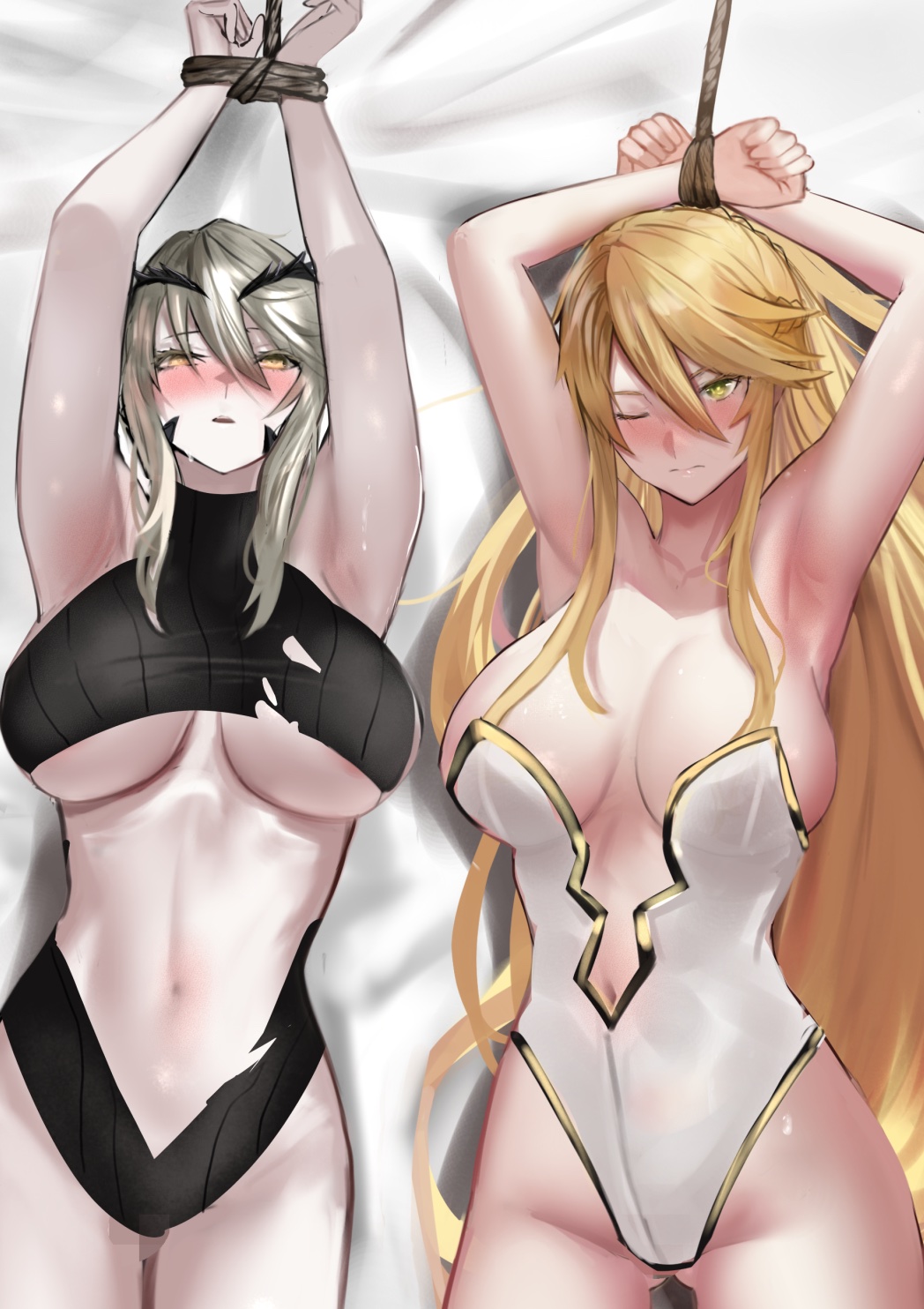 2girls armpits arms_above_head arms_bound arms_tied arms_tied_above_head arms_up artoria_pendragon artoria_pendragon_(fate) artoria_pendragon_(lancer) artoria_pendragon_(lancer)_(fate) artoria_pendragon_(lancer_alter) artoria_pendragon_(lancer_alter)_(fate) artoria_pendragon_(swimsuit_ruler) ass_visible_through_thighs bdsm bed bed_sheet big_breasts black_lingerie black_underwear blonde blonde_hair blush blushing blushing_profusely bondage bound bound_arms bound_hands bound_wrists breasts bunnysuit captured captured_heroine commentary_request commission crop_top crown defeated defeated_heroine fate/grand_order fate_(series) female female_focus female_human femsub fit_female gag gagged green_eyes grey_hair hair_between_eyes hair_ornament heavy_blush heavy_breathing helpless hi_res high_resolution highleg highleg_leotard highres humiliation imminent_sex impending_sex jikihatiman large_breasts laying_down laying_on_bed leotard long_hair looking_at_viewer lying_on_back lying_on_bed multiple_girls navel nervous playboy_bunny powerless restrained restrained_arms restraints revealing_breasts revealing_clothes revealing_outfit revealing_swimsuit ripped_clothes ripped_clothing rope rope_bondage skeb_commission slave slavegirl strapless strapless_leotard submissive submissive_female sweater tagme thick_thighs thigh_gap thighs tied tied_arms tied_hands tied_up torn_bottomwear torn_clothes torn_clothing underwear very_long_hair white_hair white_leotard white_lingerie white_underwear worried worried_expression worried_face worried_look wrists_bound wrists_tied yellow_eyes