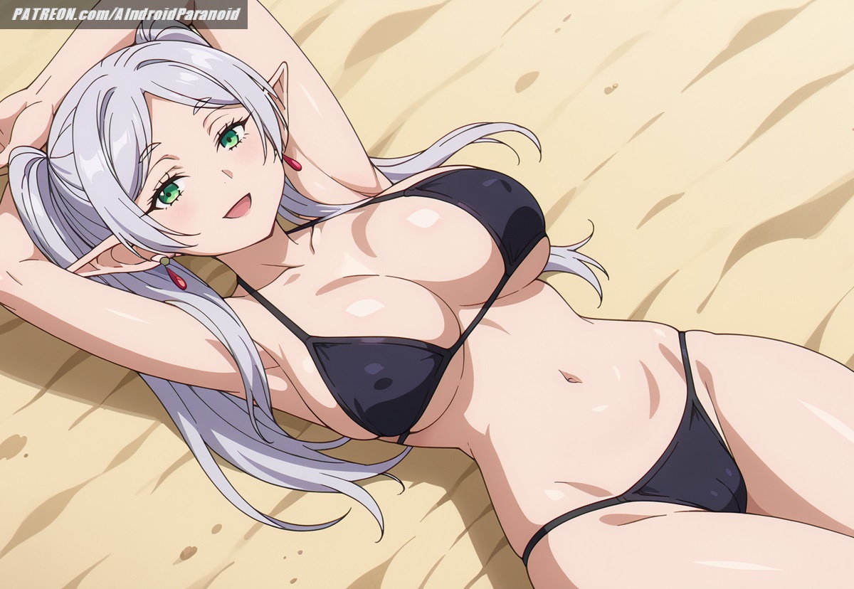 ai generated, aindroidparanoid, arms behind head, beach, big breasts, bikini, breasts, busty, cameltoe, covered nipples, curvy, elf, elf ears, elf female, female, female only, frieren, frieren beyond journey's end, green eyes, hands behind head, huge breasts, large breasts, legs, lying, narrow waist, nipples, on back, outdoors, pussy, slim waist, sousou no frieren, stable diffusion, twintails, voluptuous, waist, white hair