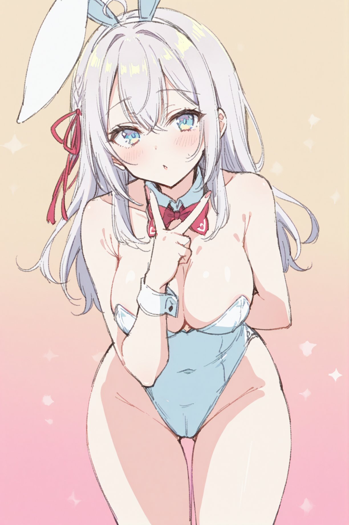 1girls, ahoge, alisa mikhailovna kujou, arm behind back, ass visible through thighs, bare arms, bare legs, bare shoulders, bare thighs, belly button visible through clothing, big breasts, blue eyes, blush, blushing, breasts, bunny ears, bunny girl, bunnysuit, cleavage, collarbone, detached collar, faithful to the anime, female, female only, groin, hair ribbon, highleg, isshiki kanae, leotard, long hair, navel outline, off shoulder, open mouth, parted lips, russian, solo, standing, sweatdrop, thighs, tokidoki bosotto russian de dereru tonari no alya-san, white hair, white leotard