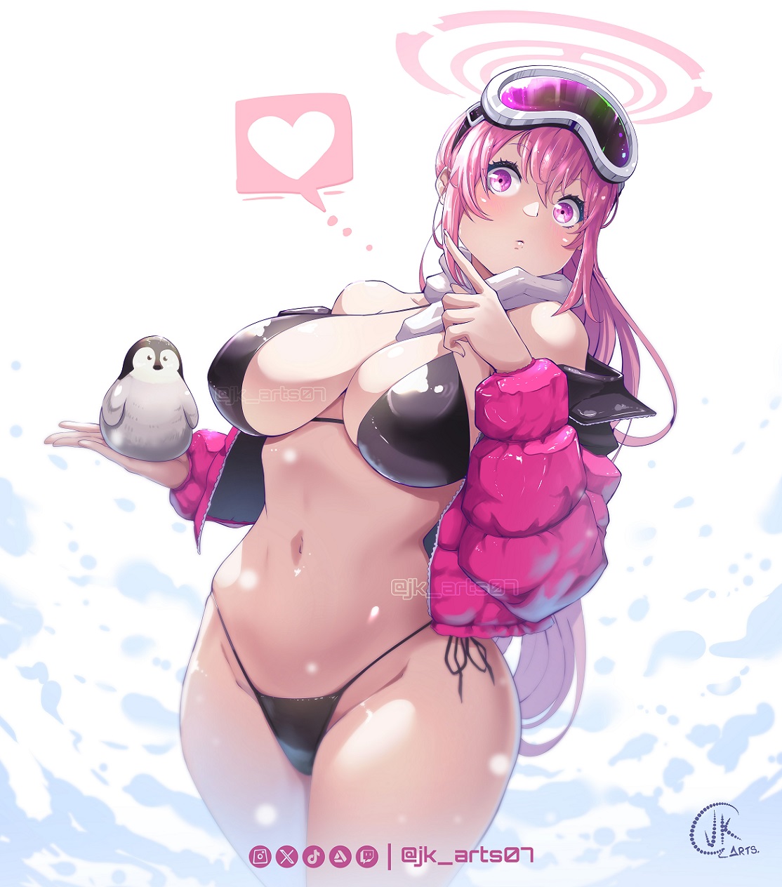 1girls, bare belly, bare chest, bare hands, bare hips, bare legs, bare midriff, bare navel, bare shoulders, bare skin, bare thighs, belly, belly button, big breasts, bikini, bikini bottom, bikini top, blue archive, breasts, busty, busty female, busty teenager, curvaceous, curvaceous body, curvaceous female, curvaceous figure, curvaceous hips, curvaceous teenager, curvaceous thighs, curvy, curvy body, curvy female, curvy figure, curvy hips, curvy thighs, eimi (blue archive), eimi (swimsuit) (blue archive), exposed belly, exposed chest, exposed hips, exposed legs, exposed midriff, exposed navel, exposed shoulders, exposed skin, exposed thighs, eyebrows visible through hair, female, female focus, female only, fingernails, fingers, goggles, goggles on forehead, goggles on head, groin, hair between eyes, halo, head tilt, high resolution, high school student, highres, hourglass figure, huge breasts, jk arts, jk arts07, large breasts, lean figure, long hair, looking at viewer, midriff, narrow waist, navel, pink eyebrows, pink eyes, pink habe, pink hair, pink halo, pink-eyed female, pink-haired female, plump breasts, schoolgirl, shoulders, side-tie bikini, simple background, slender body, slender waist, slim waist, solo, standing, string bikini, swimsuit, swimwear, teenage female, teenager, thick thighs, thighs, tilted head, upper body, white background, wide hips, young female, young woman