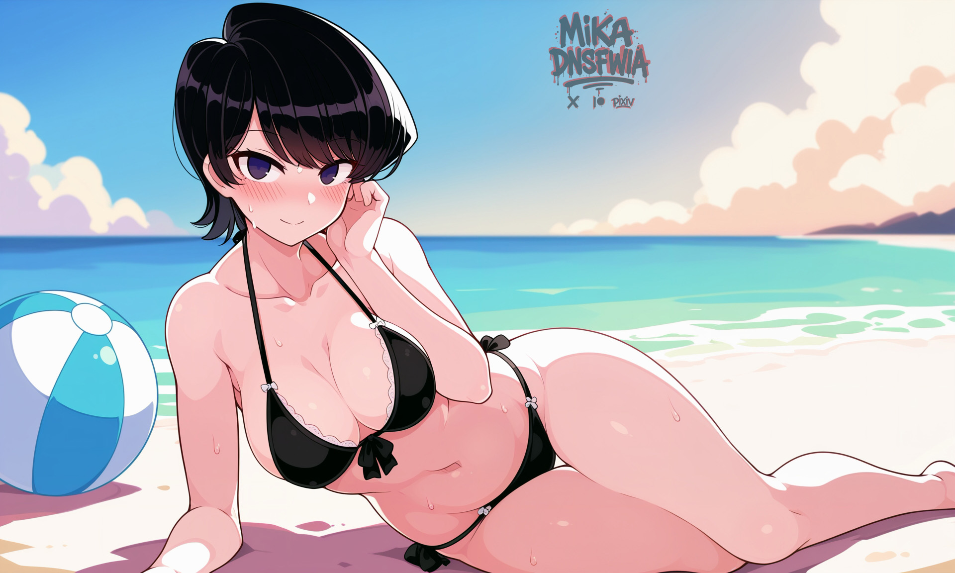 ai generated, arm support, bare arms, beach, black hair, blue sky, blush, breasts, closed mouth, cloud, collarbone, day, female, hand up, komi shuuko, komi-san wa komyushou desu, looking at viewer, medium breasts, mikadnsfwia, navel, ocean, outdoors, purple eyes, sitting, sky, smile, solo, stomach, thighs, water