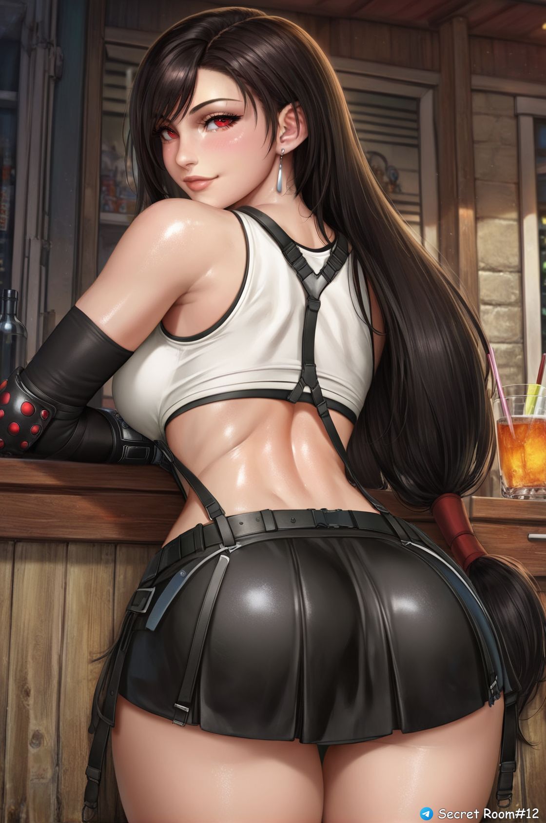 ai generated, ass, ass focus, back view, big hips, black hair, female, final fantasy, final fantasy vii, red eyes, secret room12, shiny skin, stable diffusion, tifa lockhart