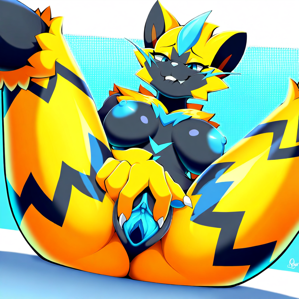 ai_generated anthro biting_lip black_body blue_nipples blue_pussy breasts clawed_fingers female furry furry_female furry_only genitals huge_breasts large_breasts looking_down masturbation no_panties nude pokemon pokemon_(species) presenting pussy sitting spread_legs spread_pussy wide_hips yellow_fur zeraora