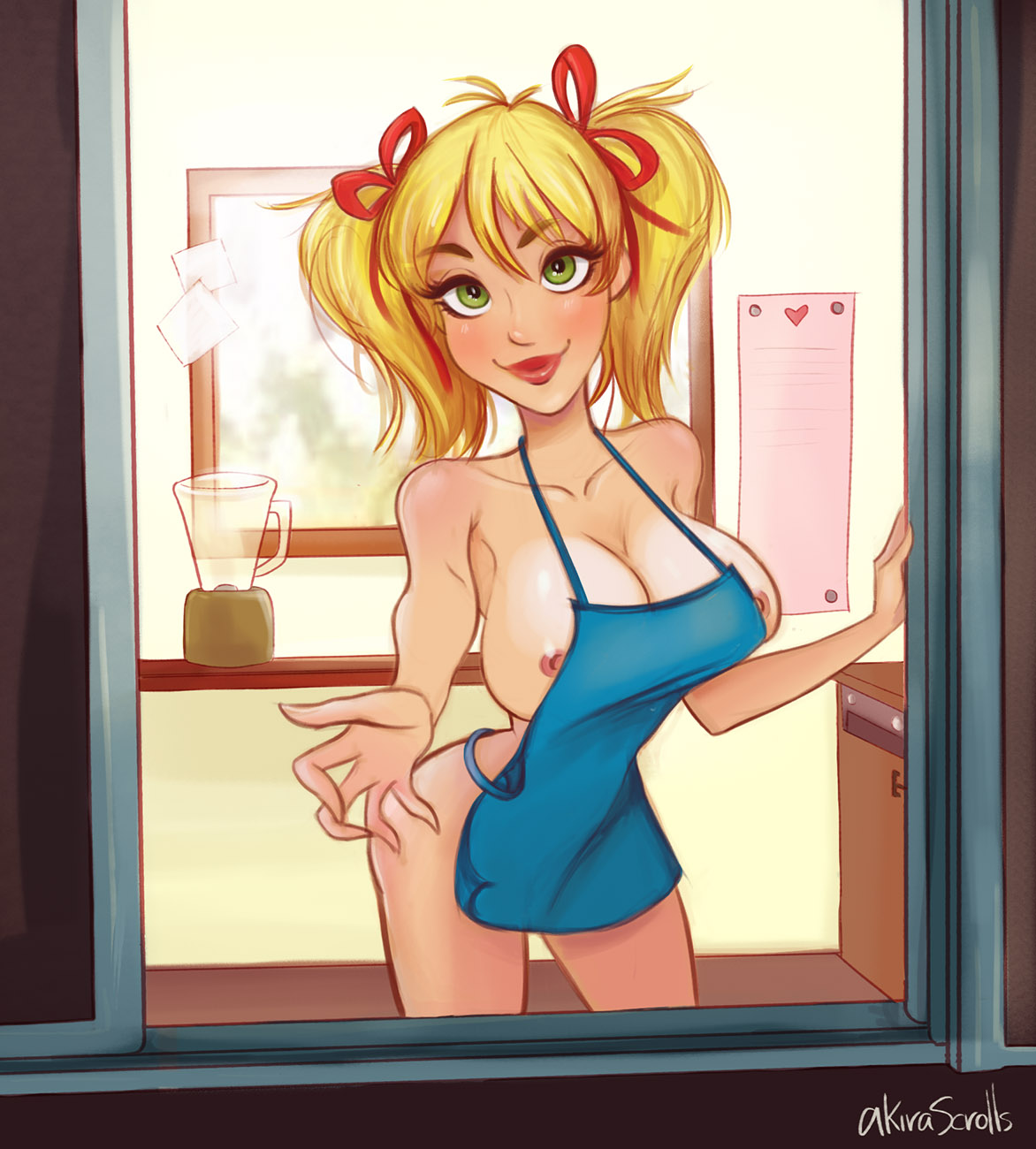 akirascrolls, apron, areolae, big breasts, blonde hair, breasts, female, female only, green eyes, large breasts, looking at viewer, nipples, solo, twintails