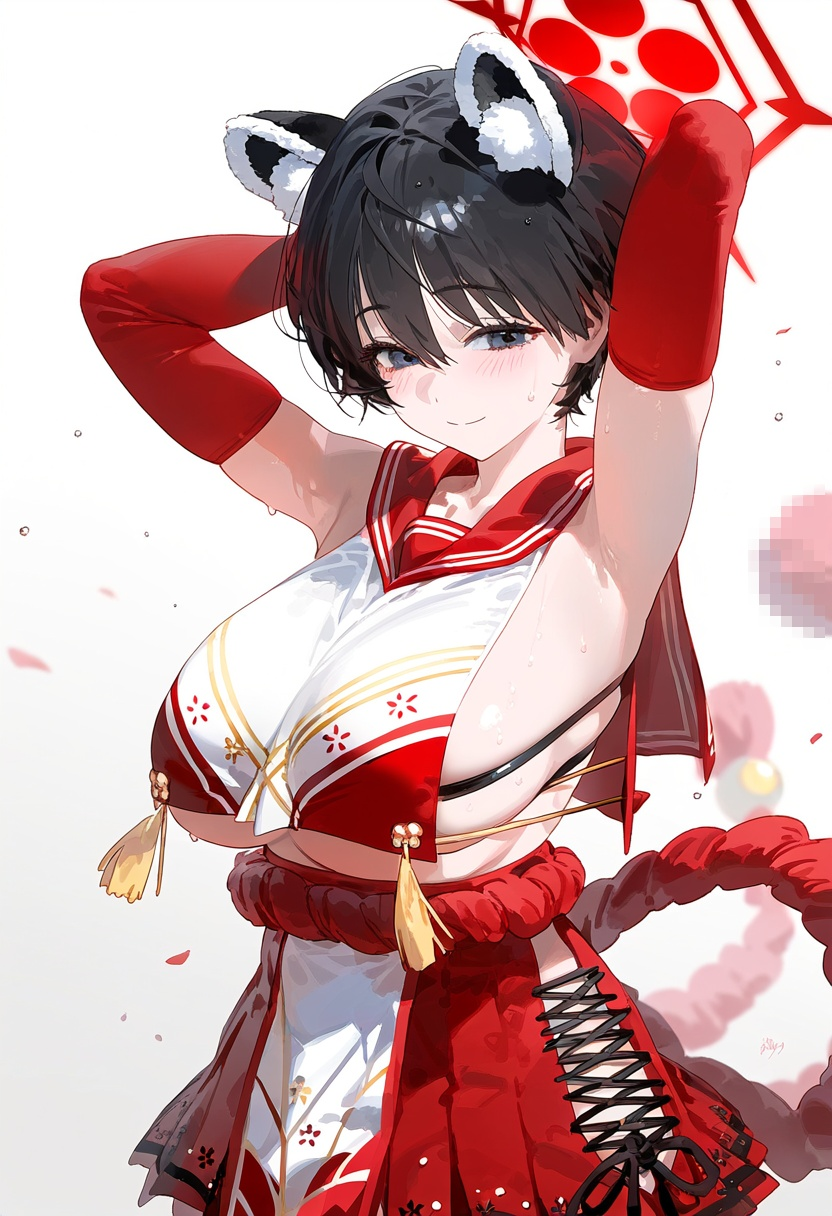 1girls ai_generated animal_ears bare_shoulders bikini bikini_under_clothes black_hair blue_archive blurry blush breast_curtain breasts collarbone curvy detached_sleeves eninaih extra_ears female hair_between_eyes highres huge_ huge_breasts japanese_clothes large_breasts pleated_skirt red_sailor_collar red_skirt revealing_clothes sailor_collar serafuku short_hair sideboob solo swimsuit tassel thick_thighs thighs tsubaki_(blue_archive) underboob white_bikini