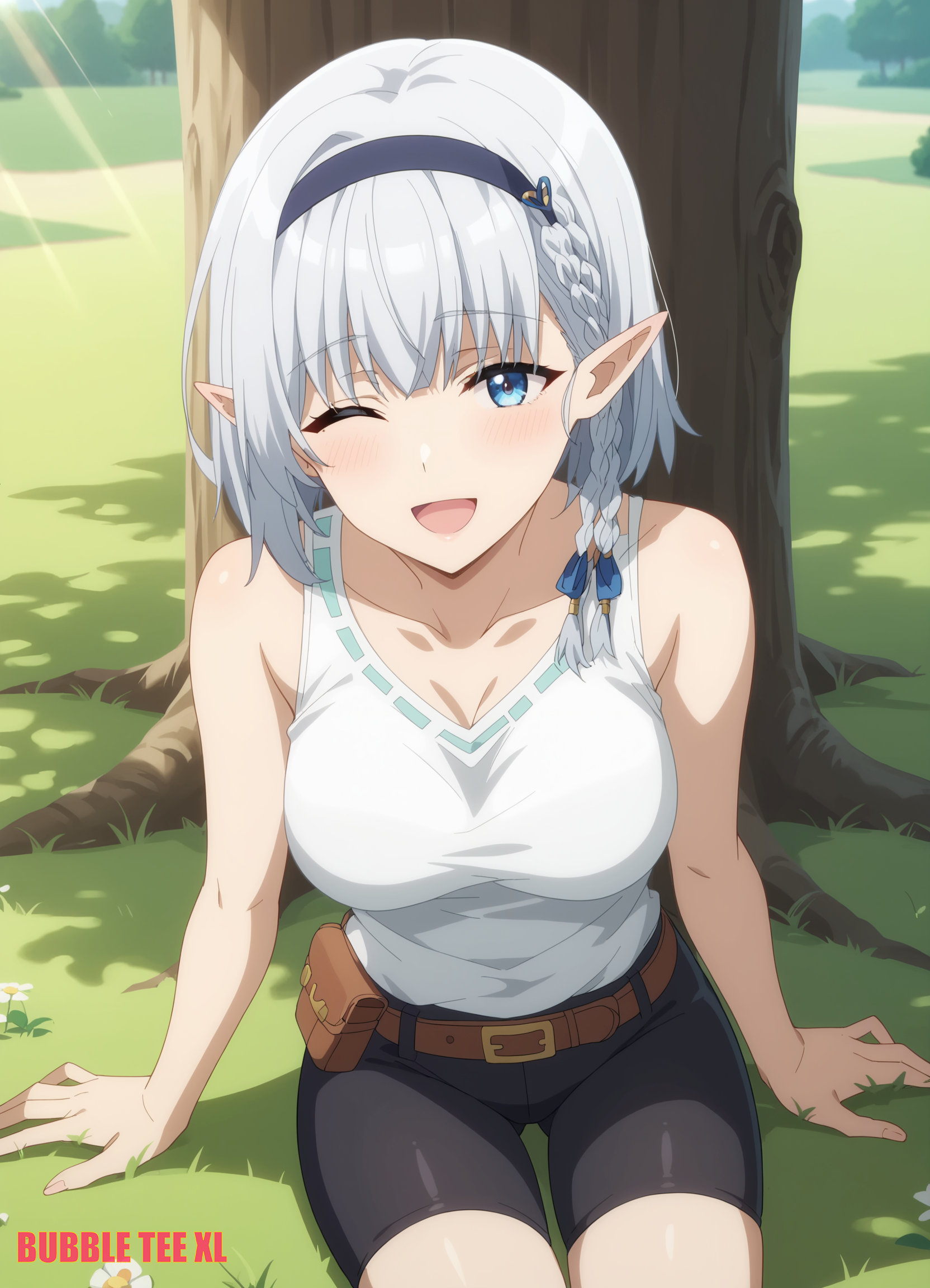 :d, 1girls, ai assisted, ai generated, beta (the eminence in shadow), breasts, commentary request, elf, elf ears, elf female, elf girl, english commentary, female, female only, kage no jitsuryokusha ni naritakute!, looking at viewer, mixed-language commentary, solo, solo female, the eminence in shadow, wink, winking, winking at viewer