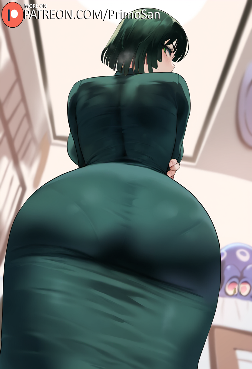 ai_generated ass ass_focus dress from_behind from_below fubuki_(one-punch_man) green_eyes green_hair large_ass large_breasts looking_back mature_female one-punch_man primosan short_hair skintight standing thiccwithaq_(ai_style)