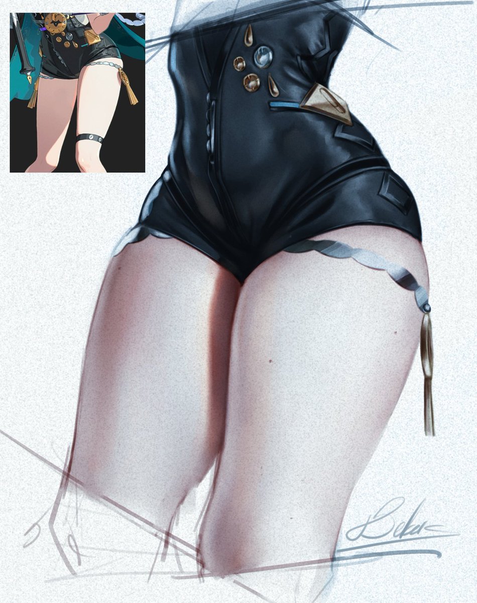 1girls, bekus25, female, female focus, female only, hoyoverse, lower body, lucia elowen, mole, mole on thigh, sketch, solo, thick thighs, thighs, white background, wide hips, zenless zone zero