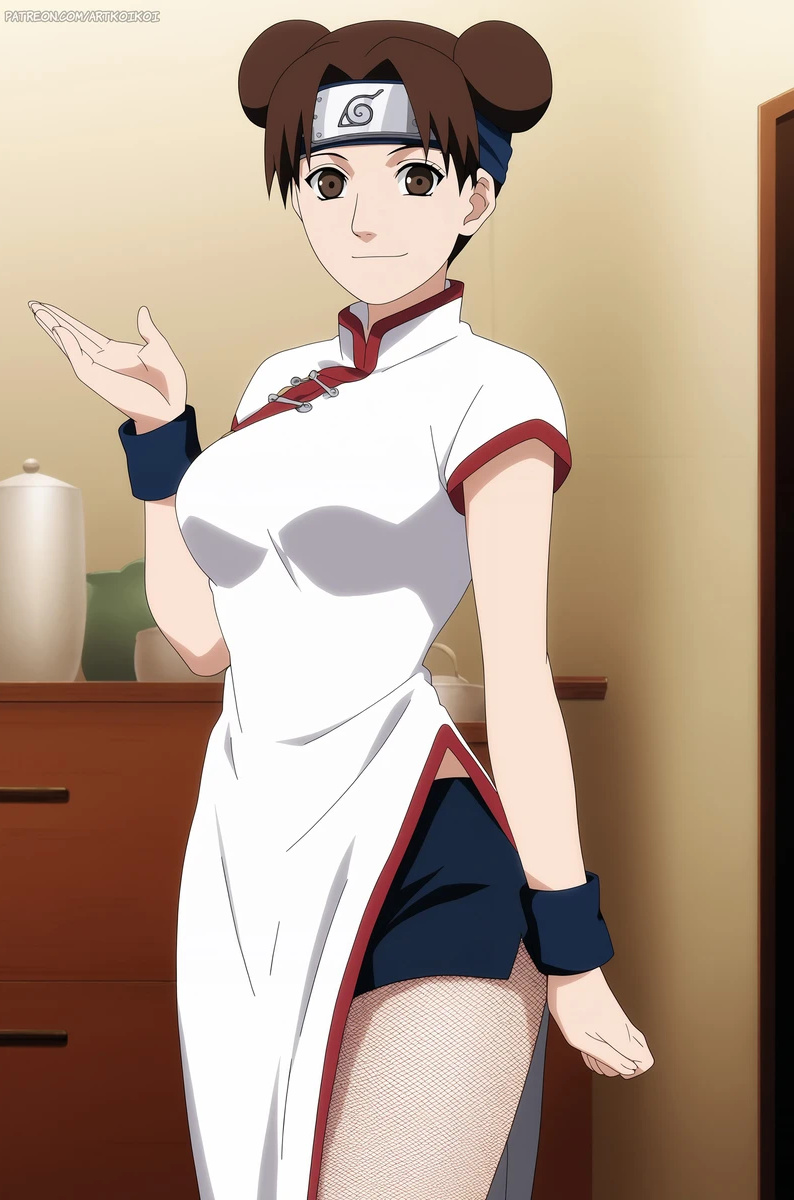 ai generated, artkoikoi, asian, asian female, athletic, athletic female, bandana, bare legs, big breasts, bike shorts, breasts, brown eyes, brunette hair, female, hair bun, huge breasts, huge thighs, kunoichi, large breasts, light skin, light-skinned female, looking at viewer, naruto, naruto (classic), naruto (series), smiling, solo female, tenten, thick thighs, thighs, voluptuous, voluptuous female