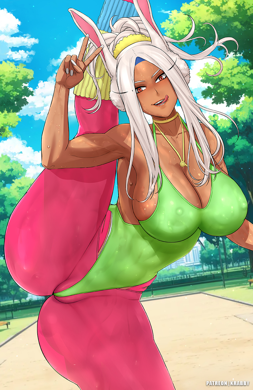 abs animal_ears bangs bare_shoulders blue_sky blush breasts bunny_ears bunny_girl cameltoe camera choker cleavage clothing cloud covered_navel dark-skinned_female dark_skin day female female female_only flexible green_leotard hair_ornament high_ponytail highleg highleg_leotard jewelry krabby_(artist) large_breasts leg_up leotard licking_lips long_eyelashes long_hair looking_at_viewer mirko miruko muscle muscular_female my_hero_academia navel necklace one-piece_swimsuit open_mouth outdoors pants ponytail red_eyes rumi_usagiyama shiny shiny_skin skin_tight sky smile solo split standing standing_on_one_leg standing_split sweat swimsuit tail thick_thighs thighs tongue tongue_out tree usagiyama_rumi v white_hair