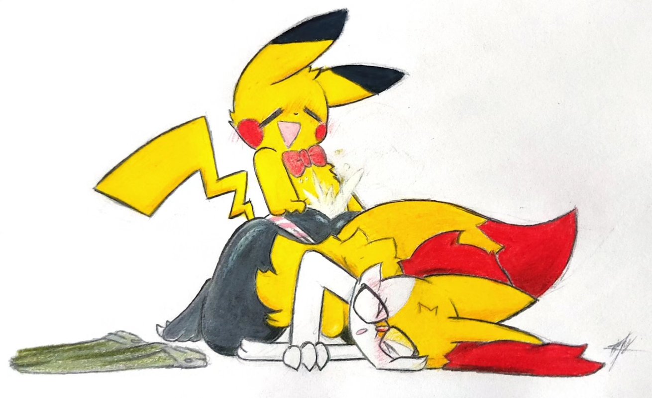 >_< black_body black_fur bodily_fluids braixen closed_eyes clothing cum cum_inside duo eyewear female fur generation_1_pokemon generation_6_pokemon genital_fluids glasses jony_chu looking_pleasured male male/female nintendo panties pikachu pokemon pokemon_(species) underwear