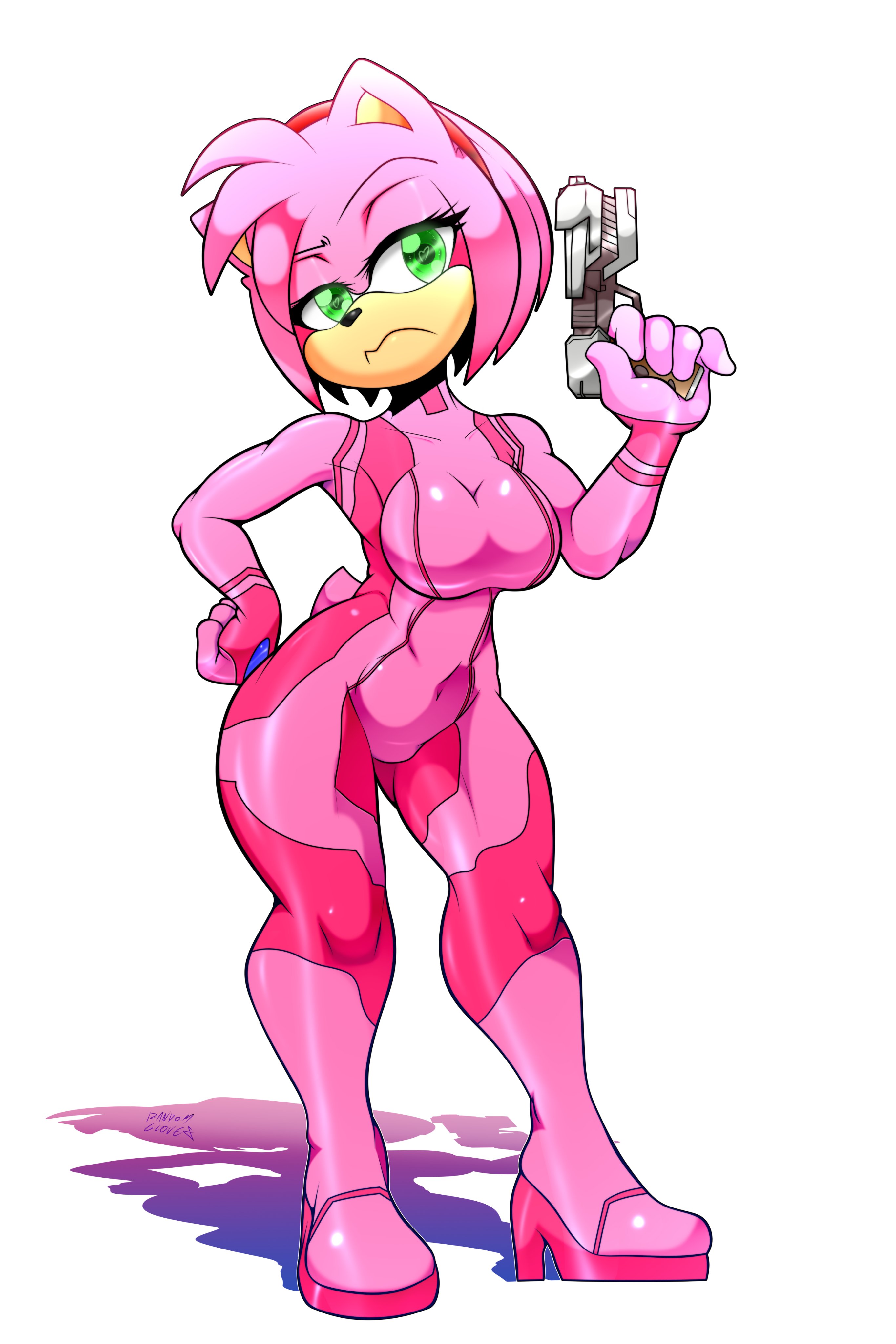 1girls, amy rose, anthro, big breasts, blue bodysuit, bodysuit, breasts, cosplay, female, female only, furry, green eyes, gun, high heels, metroid, pink bodysuit, pink hair, randomgloves, samus aran (cosplay), sega, sonic (series), zero suit samus (cosplay)
