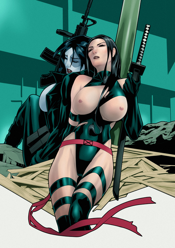 2girls asian betsy_braddock black_hair blue_legwear blue_skin bodysuit breasts domino_(marvel) elbow_gloves elizabeth_braddock facial_mark female female_only gloves hips katana kwannon large_breasts legs legwear leotard long_hair m4 m4_carbine marvel marvel_comics multiple_girls mutant neena_thurman ninja nipples psylocke redgvicente short_hair sideboob straight_hair superhero sword thigh_boots thigh_strap thighs torn_clothes weapon x-force x-men