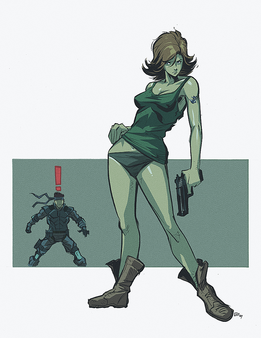 1boy 1girls artist_request boots bottomless gun meryl_silverburgh metal_gear metal_gear_solid no_bra panties pistol short_hair solid_snake