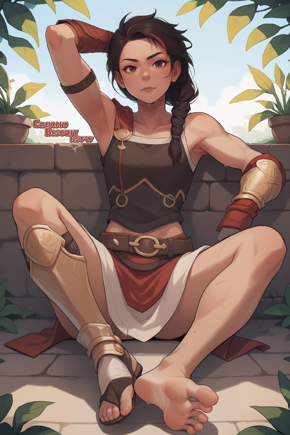 ai_assisted ai_generated arm_behind_head arm_up armor armpits assassin's_creed_(series) assassin's_creed_odyssey barefoot belt braid breasts brick_wall brown_eyes brown_hair closed_mouth creamybiscuit feet kassandra lips long_hair multicolored_hair plant red_hair soles streaked_hair sweat toes