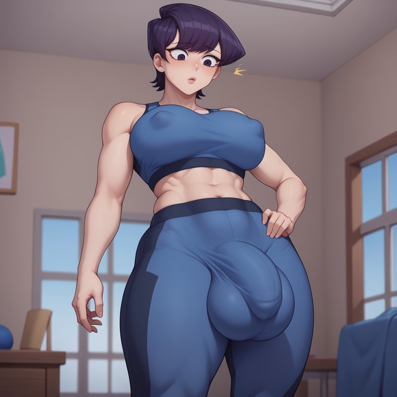 1futa abs ai_generated blue_skin bulge bulge_down_leg bulge_through_clothing erection excited_futa flaccid flaccid_penis futa_milf futa_only futa_sans_pussy futanari huge_breasts huge_cock komi-san_wa_komyushou_desu komi_shuuko milf short_hair surprised yoga_pants yoga_pants_bulge