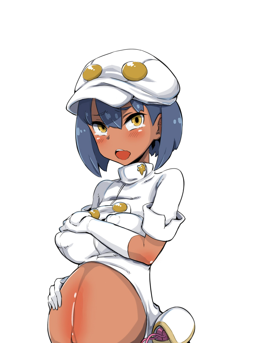 1girls, aether foundation, aether foundation employee, aether foundation employee (female), areolae, belly, big breasts, blue hair, blush, breasts, clothed, clothing, dark skin, dark-skinned female, erect nipples, eyelashes, female, female only, furau, gloves, hand on stomach, hat, human, looking at viewer, navel, nintendo, nipples, open mouth, pokemon, pokemon sm, pregnant, pregnant belly, pregnant female, ready to pop, sex toy, shirt, short hair, solo, standing, tears, teeth, tongue, vibrator, white background, yellow eyes