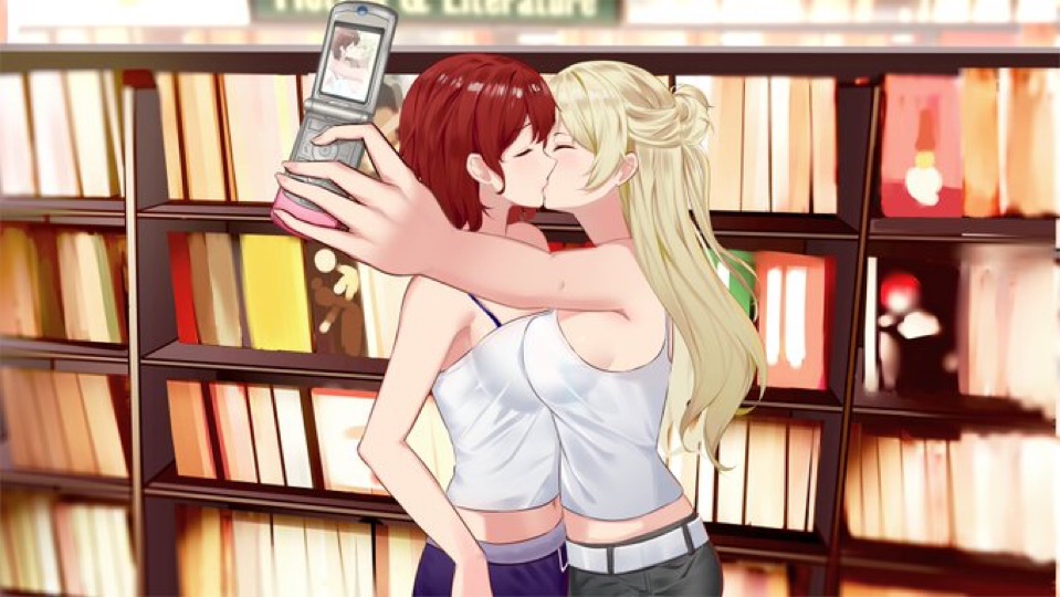 2girls ari_(class_of_'09) background blonde blonde_female blonde_hair canon class_of_'09 flip_phone jecka_(class_of_'09) kissing lesbian light-skinned_female not_porn official_art phone red_hair sfw tagme taking_picture yuri