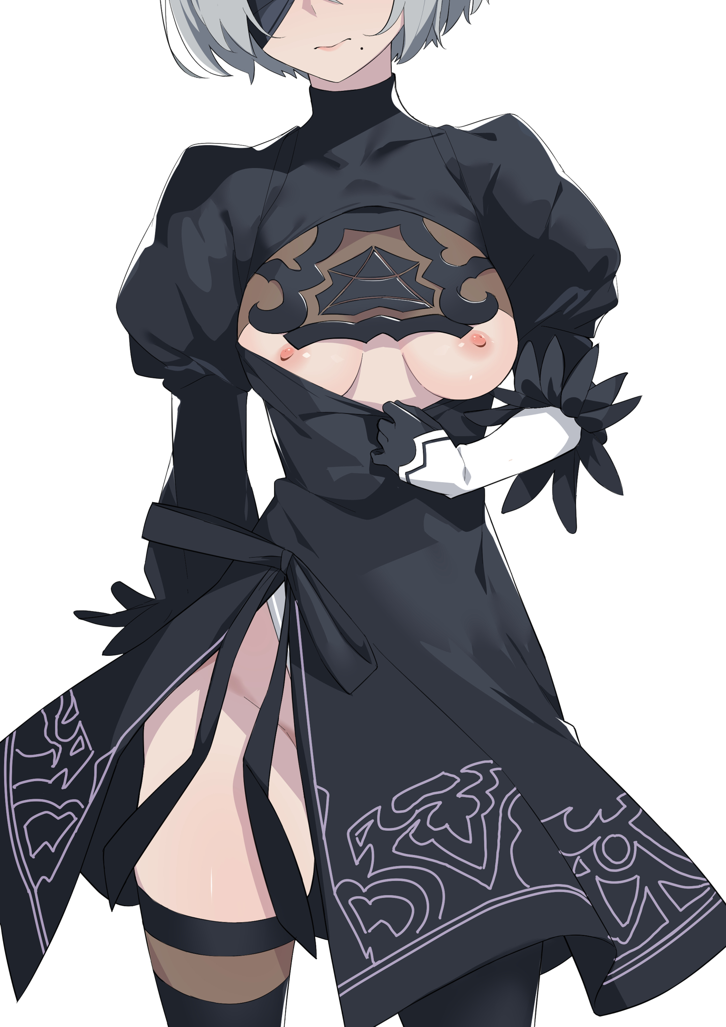 black dress, black gloves, black thighhighs, blindfold, breasts, breasts out, cleavage cutout, closed mouth, clothing cutout, dress, female, gloves, grey hair, highres, medium breasts, mole, mole under mouth, morisobo, nier (series), nier: automata, nipples, pulling own clothes, short hair, simple background, solo, standing, thighhighs, thighs, white background, yorha 2b