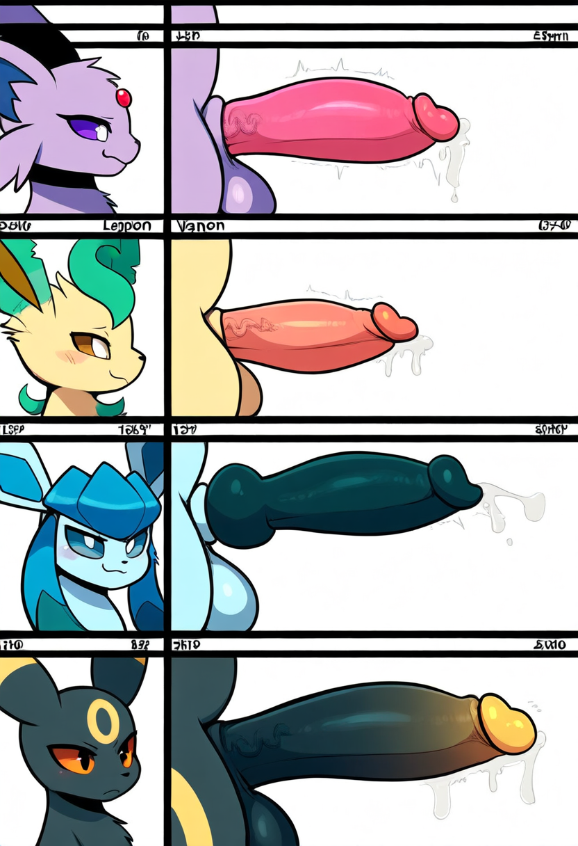 4boys ai_generated anthro canine_genitalia eeveelution espeon glaceon humanoid_genitalia knot leafeon nai_diffusion novelai penis penis_chart penis_size_difference pok&eacute;mon_(species) pokemon pokemon_(species) precum precum_drip self_upload umbreon weedvee420