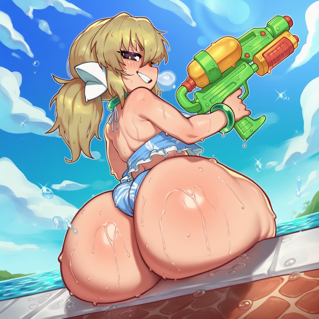 1girls, 2d, ai generated, ass, ass cheeks, ass focus, big ass, bikini, blonde hair, blue bikini, blue panties, blue sky, blue swimsuit, bra, breasts, double ponytail, female, female focus, female only, gray eyes, hair ornament, hips, huge ass, kafuru (senran kagura), light skinned female, looking at viewer, looking back, mochipawg, panties, pool, purple eyes, round ass, senran kagura, senran kagura (series), shortstack, sitting, smile, smirk, solo, swimsuit, water, water gun, water pistol, watergun, wet, wet ass, wet body, wide hips, yellow hair