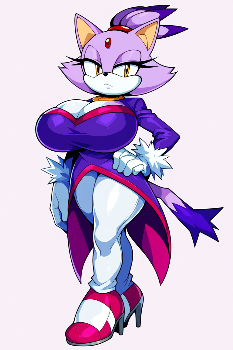 ai_generated blaze_the_cat cat_ears cat_tail cleavage clothed clothes clothing feline full_body furry furry_female furry_only gloves half-closed_eyes huge_breasts looking_at_viewer purple_fur shoes sonic_(series) sonic_rush sonic_the_hedgehog_(series) thick_thighs voluptuous white_leggings wide_hips