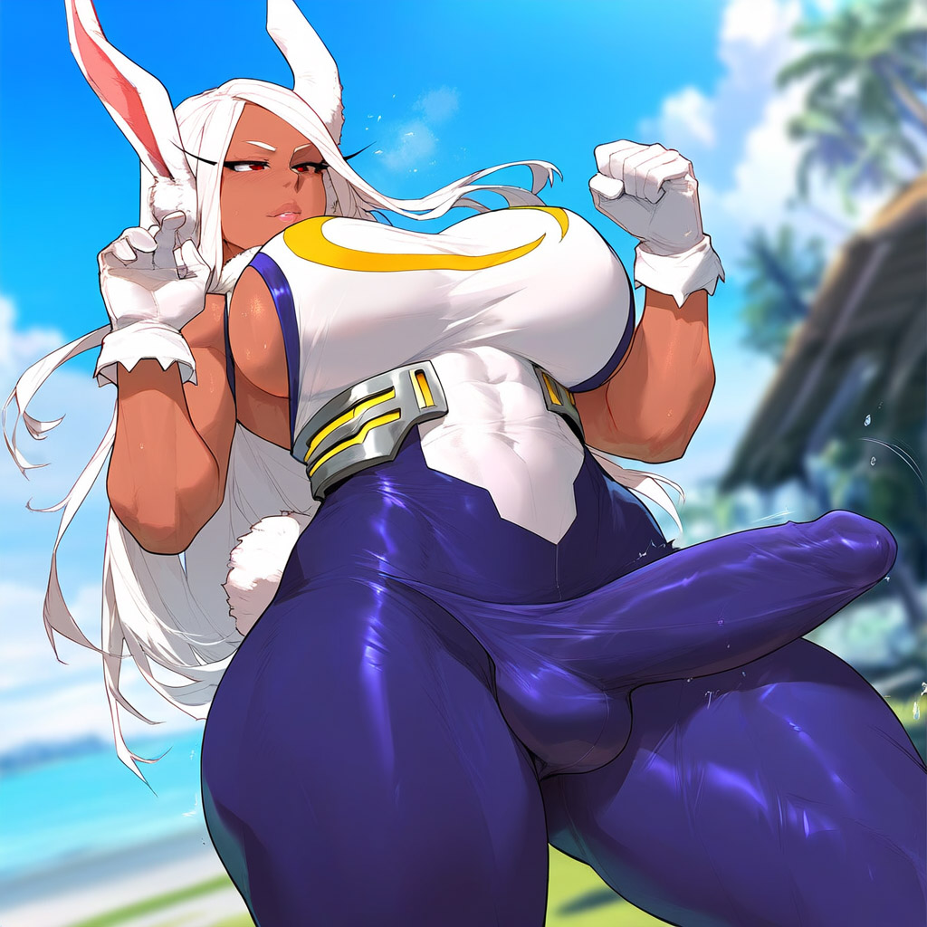 1girls ai_generated animal_ears blue_sky blurry blurry_background blurry_foreground bodysuit breasts bulge bulge_through_clothing bunny_ears bunny_tail erection_under_clothes futanari gloves highleg highleg_leotard huge_breasts leotard long_hair looking_at_viewer mature_female miruko muscular_female penis racerai red_eyes rumi_usagiyama sleeveless solo superhero tail thick_thighs thighs white_gloves white_hair white_leotard