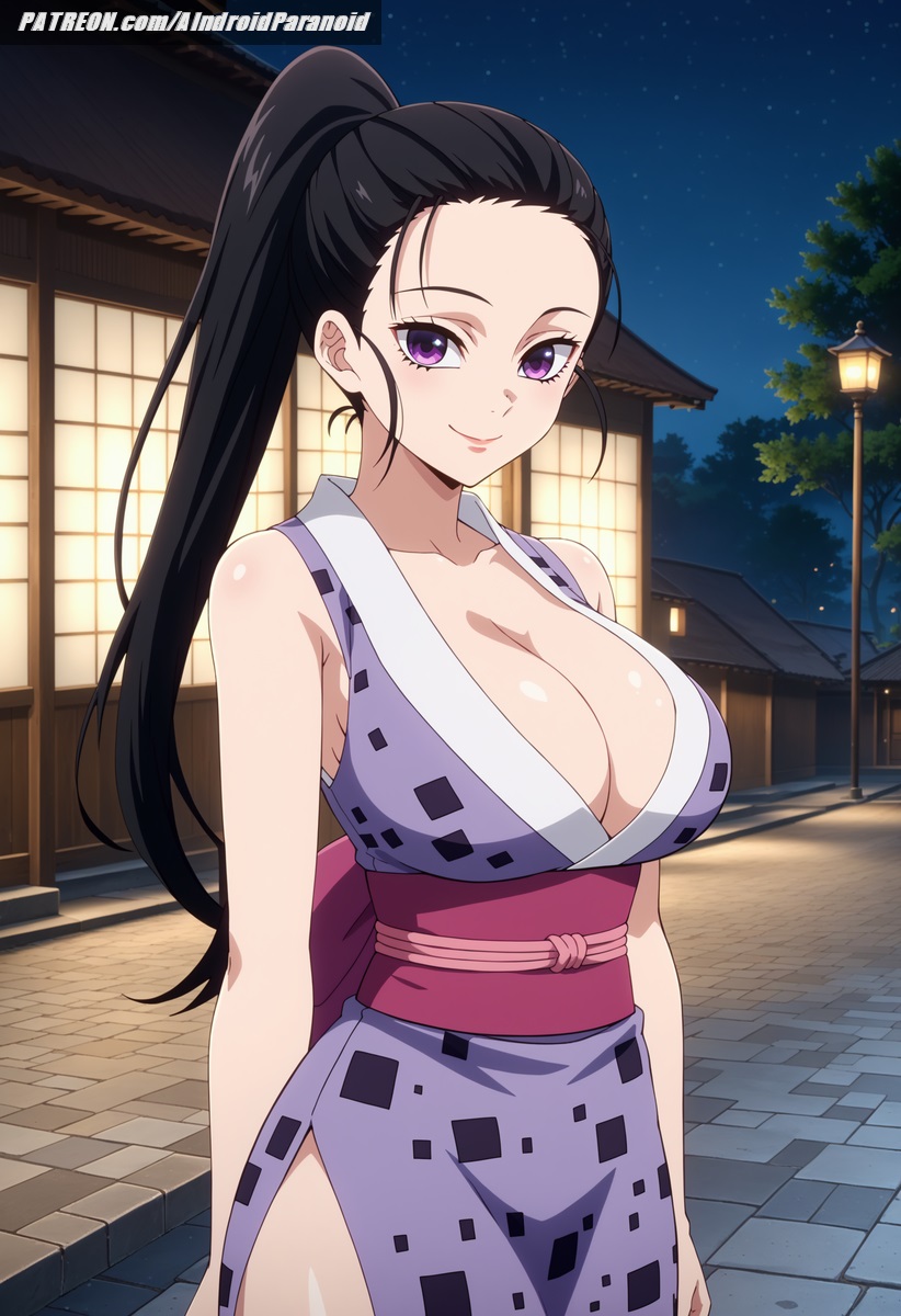 ai_generated aindroidparanoid black_hair breasts busty cleavage curvy cute demon_slayer female female_only hinatsuru_(kimetsu_no_yaiba) hips huge_breasts kimetsu_no_yaiba kimono kunoichi large_breasts legs long_hair massive_breasts narrow_waist night outdoors ponytail purple_eyes slim_waist stable_diffusion standing thick_legs thick_thighs voluptuous wide_hips wife