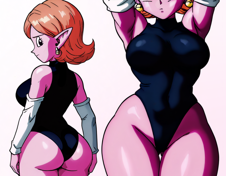 ai_generated armpits arms_up ass chronoa core_person dragon_ball dragon_ball_heroes dragon_ball_xenoverse elf_ears leotard looking_at_viewer looking_back orange_hair pink_skin potara_earrings shortstack supreme_kai_of_time tagme